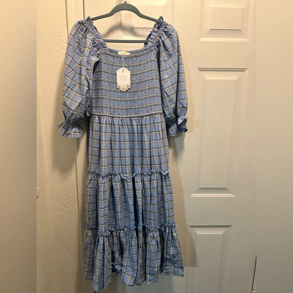 Ivy City Co Madeline dress in light blue plaid - Picture 1 of 5
